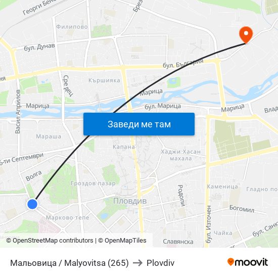 Мальовица / Malyovitsa (265) to Plovdiv map