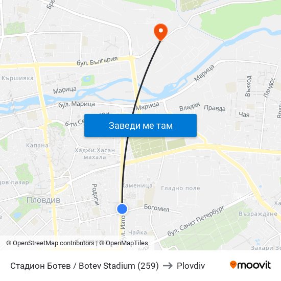 Стадион Ботев / Botev Stadium (259) to Plovdiv map