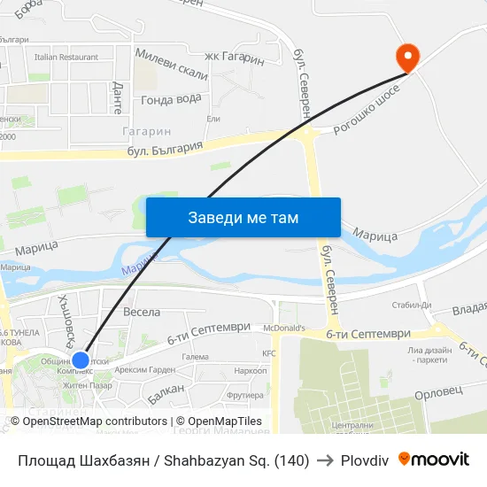 Площад Шахбазян / Shahbazyan Sq. (140) to Plovdiv map