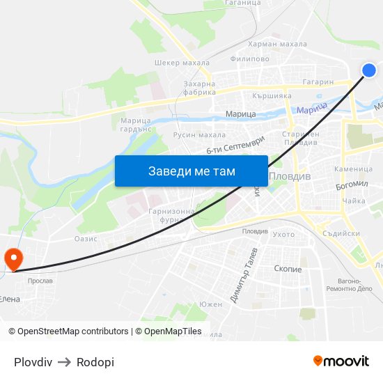 Plovdiv to Rodopi map