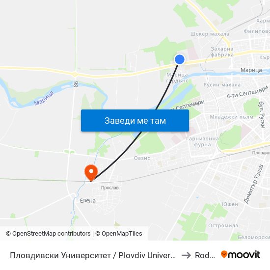 Пловдивски Университет / Plovdiv University (1003) to Rodopi map