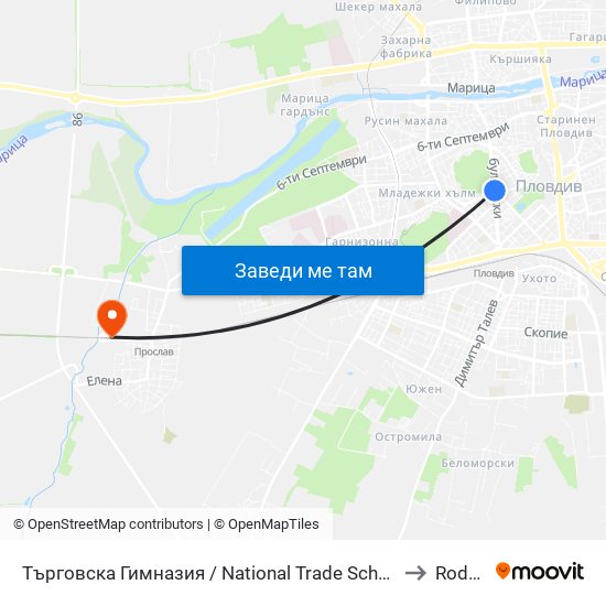 Търговска Гимназия / National Trade School (155) to Rodopi map