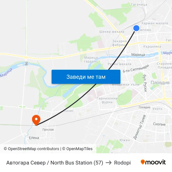 Автогара Север / North Bus Station (57) to Rodopi map