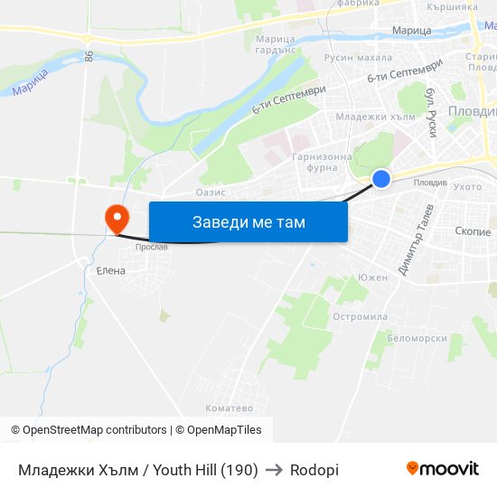 Младежки Хълм / Youth Hill (190) to Rodopi map