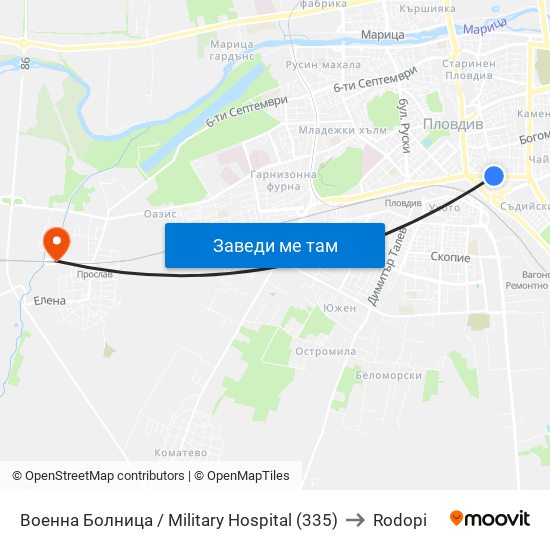 Военна Болница / Military Hospital (335) to Rodopi map