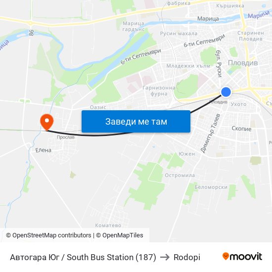 Автогара Юг / South Bus Station (187) to Rodopi map