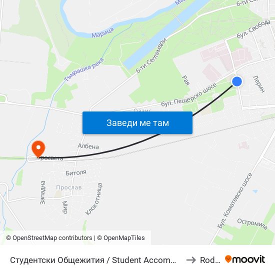 Студентски Общежития / Student Accommodation (389) to Rodopi map