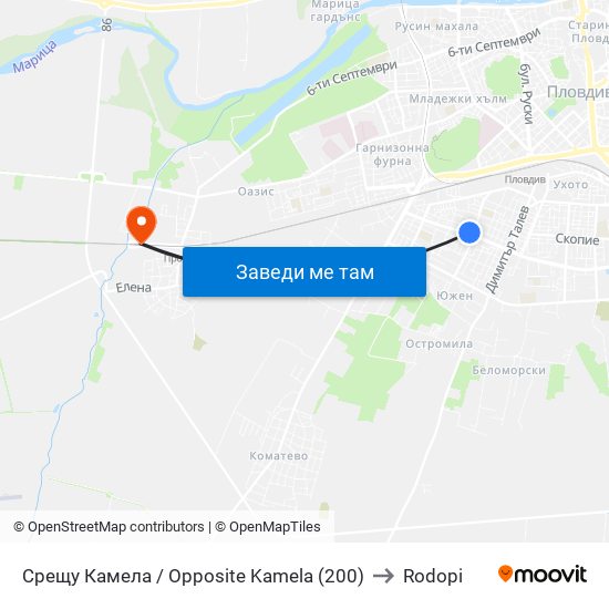 Срещу Камела / Opposite Kamela (200) to Rodopi map