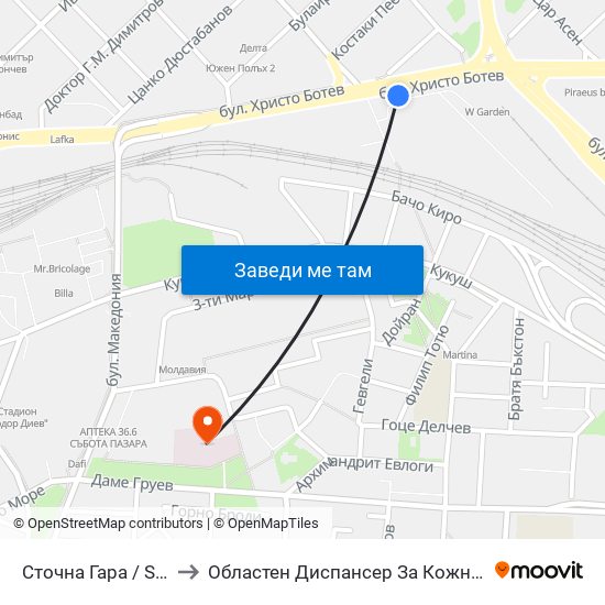Сточна Гара / Stochna Gara (43) to Областен Диспансер За Кожно-Венерически Заболявания map
