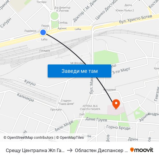 Срещу Централна Жп Гара / Opposite Central Railway Station (188) to Областен Диспансер За Кожно-Венерически Заболявания map