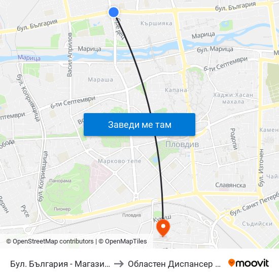 Бул. България - Магазин Нева / Bulgaria Blvd - Neva Store (99) to Областен Диспансер За Кожно-Венерически Заболявания map