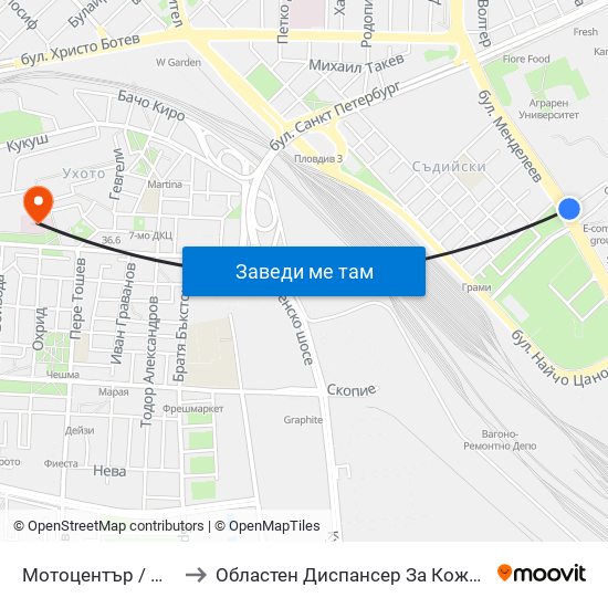 Мотоцентър / Motocentrum (258) to Областен Диспансер За Кожно-Венерически Заболявания map