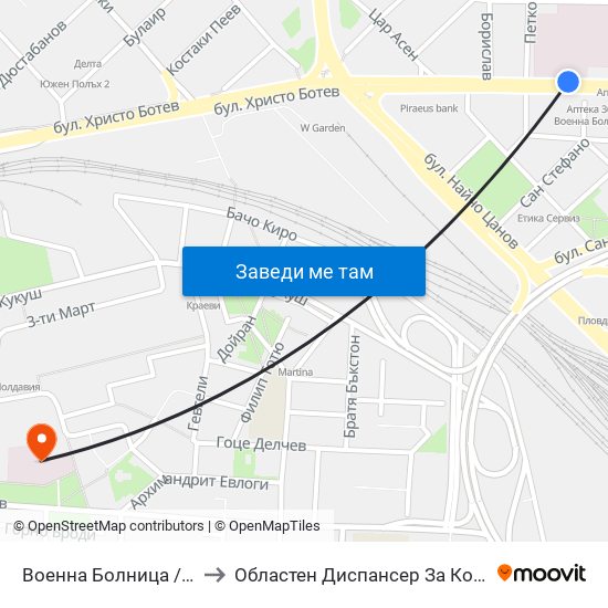 Военна Болница / Military Hospital (335) to Областен Диспансер За Кожно-Венерически Заболявания map