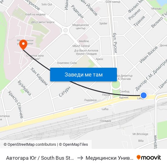 Автогара Юг / South Bus Station (187) to Медицински Университет map