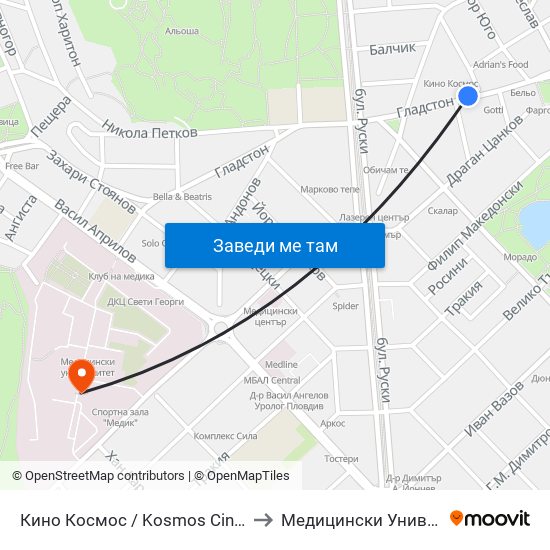 Кино Космос / Kosmos Cinema (263) to Медицински Университет map