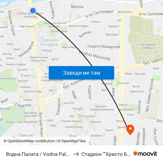 Водна Палата / Vodna Palata (48) to Стадион ""Христо Ботев"" map
