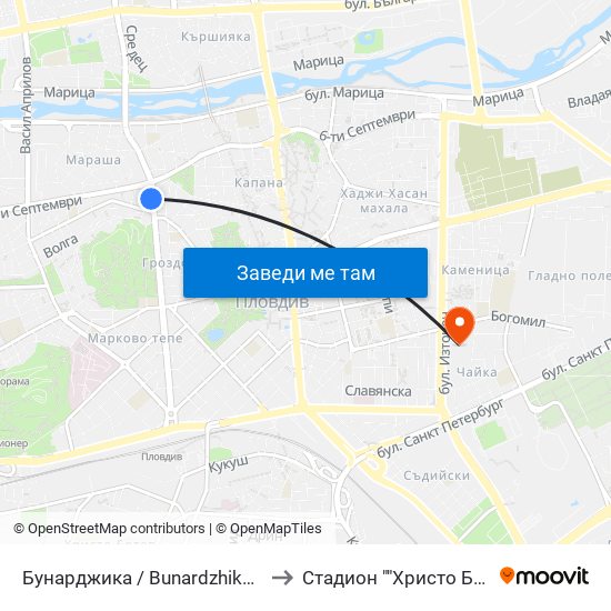 Бунарджика / Bunardzhika (167) to Стадион ""Христо Ботев"" map