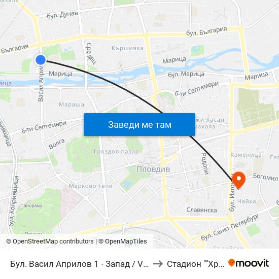 Бул. Васил Априлов 1 - Запад / Vasil Aprilov St. 1 - West (402) to Стадион ""Христо Ботев"" map