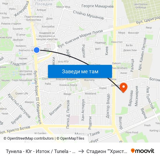 Тунела - Юг - Изток / Tunela - Ug - East (11) to Стадион ""Христо Ботев"" map