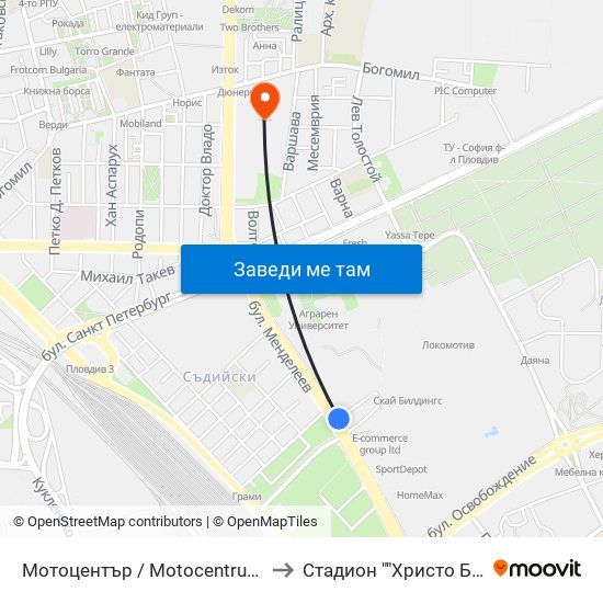 Мотоцентър / Motocentrum (258) to Стадион ""Христо Ботев"" map