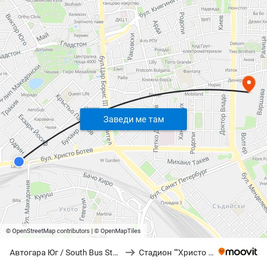 Автогара Юг / South Bus Station (187) to Стадион ""Христо Ботев"" map