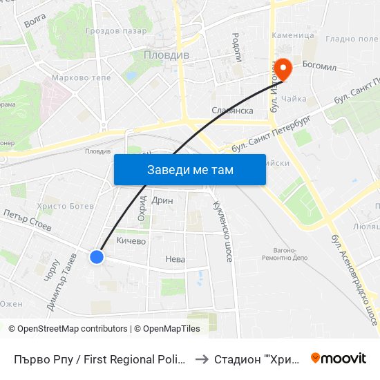 Първо Рпу / First Regional Police Department (60) to Стадион ""Христо Ботев"" map