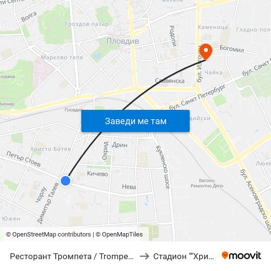 Ресторант Тромпета / Trompeta Restaurant (326) to Стадион ""Христо Ботев"" map