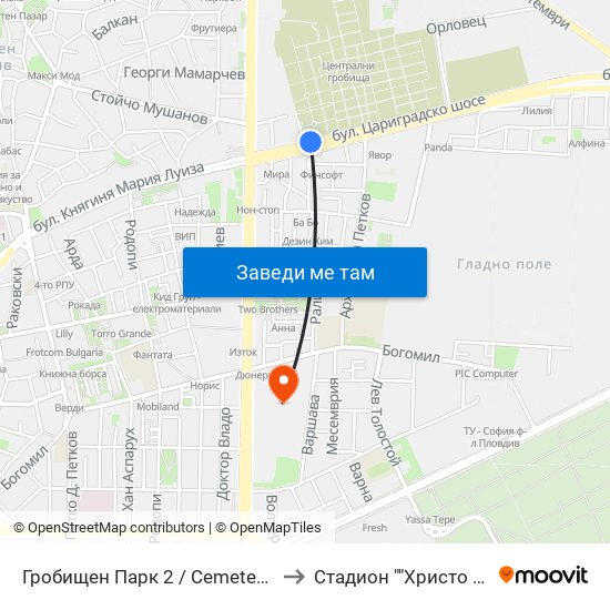 Гробищен Парк 2 / Cemetery 2 (136) to Стадион ""Христо Ботев"" map