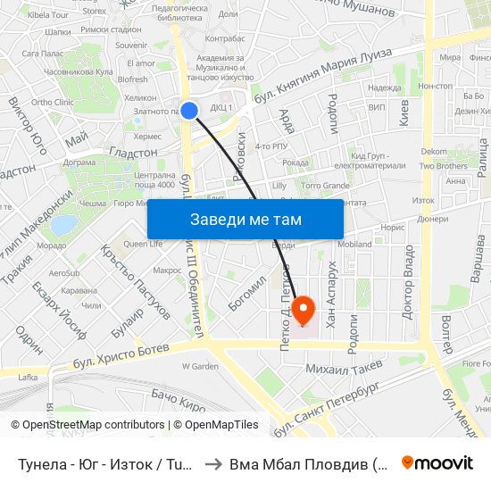 Тунела - Юг - Изток / Tunela - Ug - East (11) to Вма Мбал Пловдив (Военна Болница) map