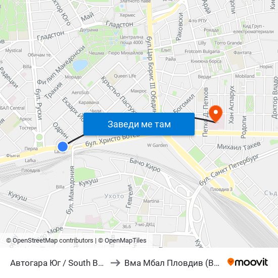 Автогара Юг / South Bus Station (187) to Вма Мбал Пловдив (Военна Болница) map