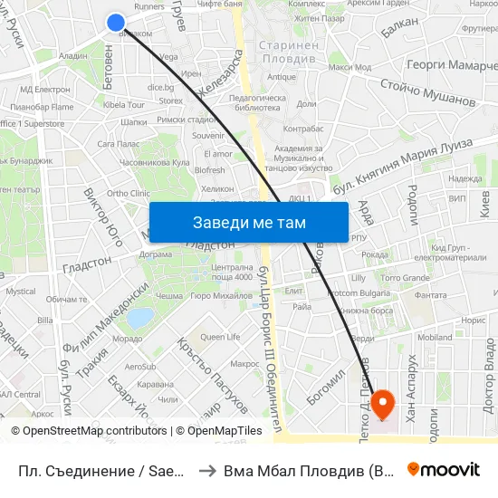 Пл. Съединение / Saedinenie Sq. (141) to Вма Мбал Пловдив (Военна Болница) map