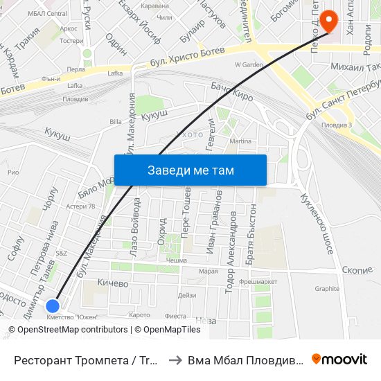 Ресторант Тромпета / Trompeta Restaurant (326) to Вма Мбал Пловдив (Военна Болница) map