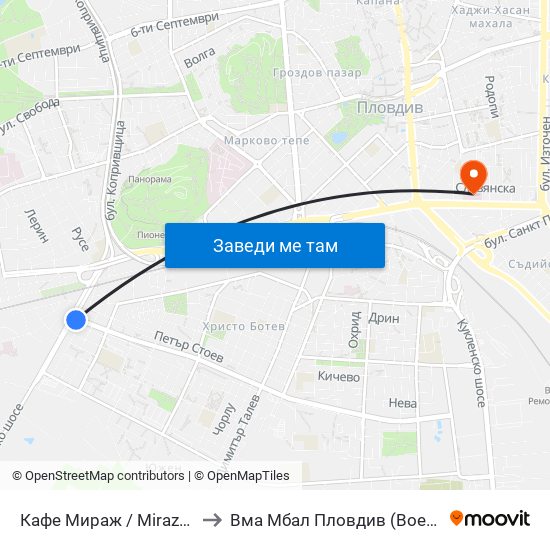 Кафе Мираж / Mirazh Cafe (191) to Вма Мбал Пловдив (Военна Болница) map