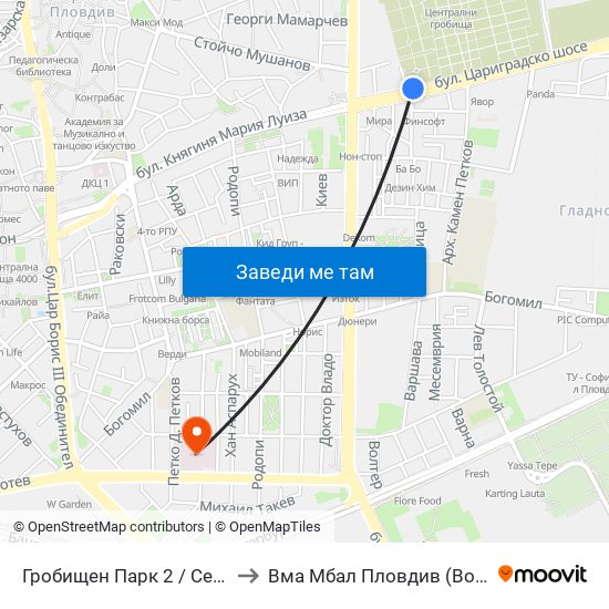 Гробищен Парк 2 / Cemetery 2 (136) to Вма Мбал Пловдив (Военна Болница) map