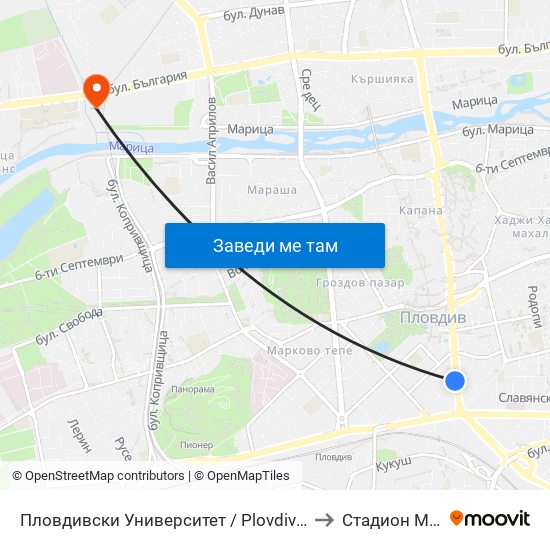 Пловдивски Университет / Plovdiv University (13) to Стадион Марица map