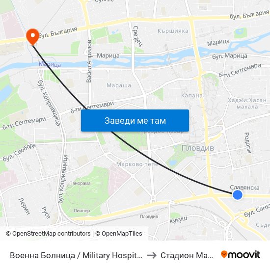 Военна Болница / Military Hospital (335) to Стадион Марица map