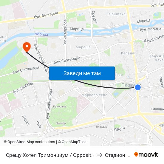 Срещу Хотел Тримонциум / Opposite Trimonthium Hotel (45) to Стадион Пловдив map