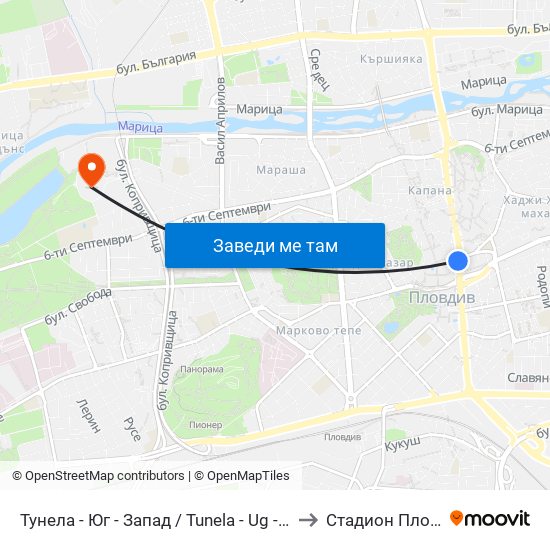Тунела - Юг - Запад / Tunela - Ug - West (46) to Стадион Пловдив map
