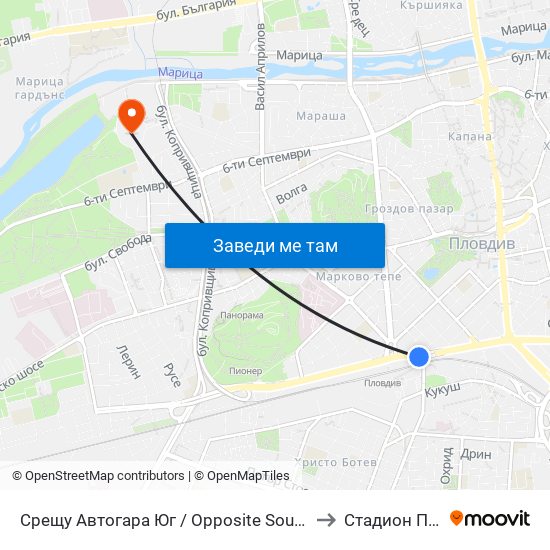 Срещу Автогара Юг / Opposite South Bus Station (206) to Стадион Пловдив map