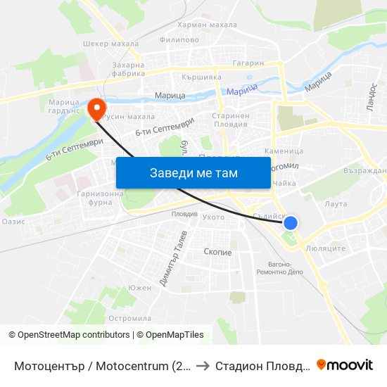 Мотоцентър / Motocentrum (258) to Стадион Пловдив map