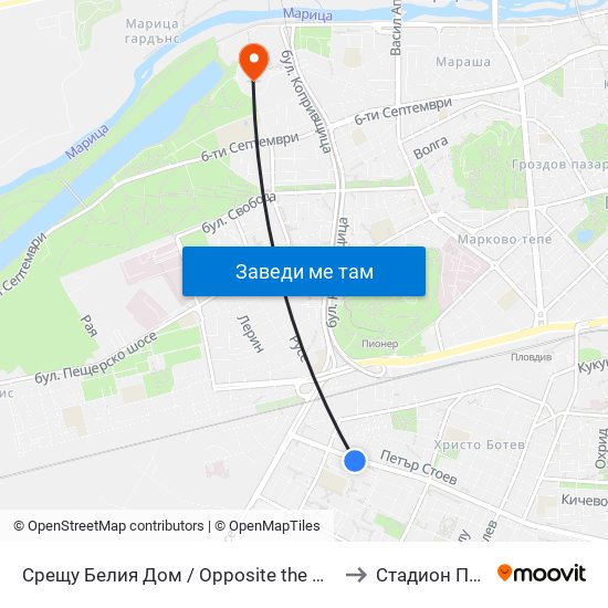 Срещу Белия Дом / Opposite the White House (192) to Стадион Пловдив map