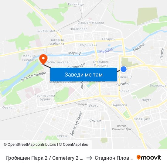 Гробищен Парк 2 / Cemetery 2 (136) to Стадион Пловдив map