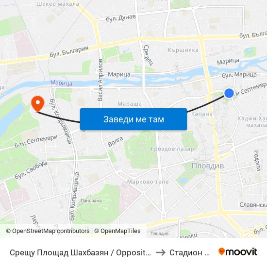 Срещу Площад Шахбазян / Opposite Shahbazyan Sq. (140) to Стадион Пловдив map