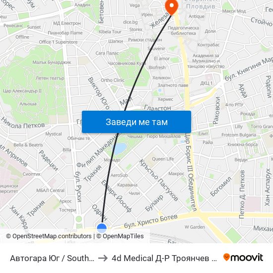 Автогара Юг / South Bus Station (187) to 4d Medical Д-Р Троянчев Фетална Морфология map