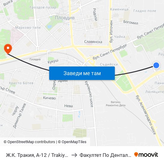 Ж.К. Тракия, А-12 / Trakiya Qr, A-12 (1011) to Факултет По Дентална Медицина map