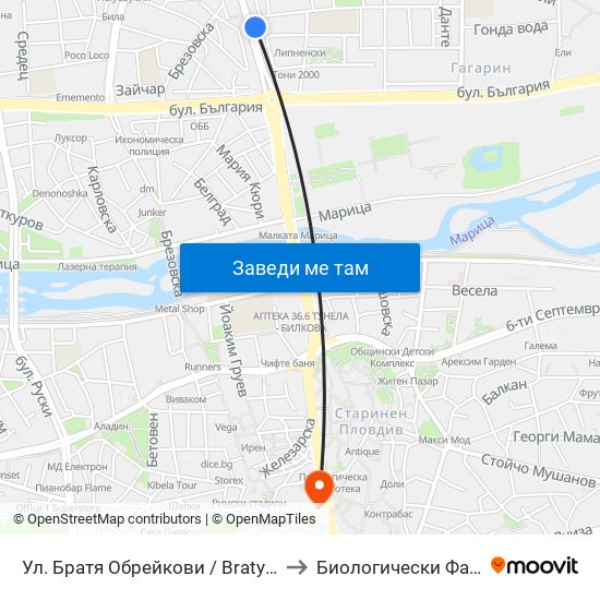 Ул. Братя Обрейкови / Bratya Obreykovi St. (50) to Биологически Факултет На Пу map