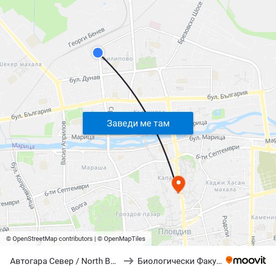 Автогара Север / North Bus Station (57) to Биологически Факултет На Пу map