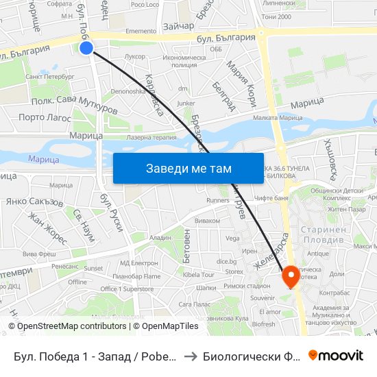 Бул. Победа 1 - Запад / Pobeda Blvd 1 - West (272) to Биологически Факултет На Пу map