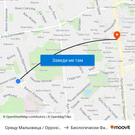 Срещу Мальовица / Opposite Malyovitsa (246) to Биологически Факултет На Пу map