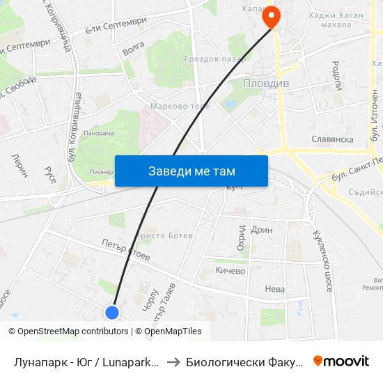 Лунапарк - Юг / Lunapark - South (20) to Биологически Факултет На Пу map